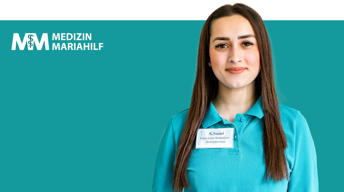 Portrait von Sanan Sami mit Medizin Mariahilf Logo
